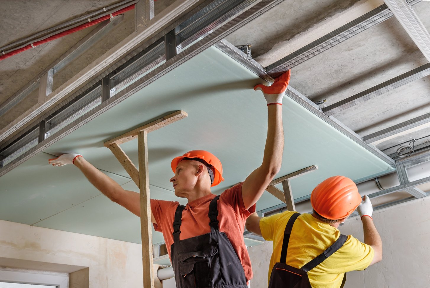 Installation of ceiling drywall.